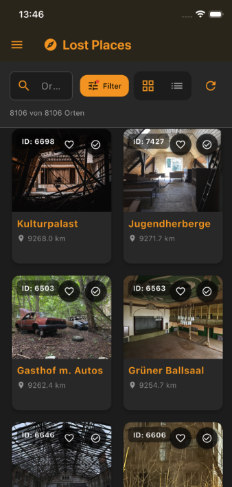 Lumap Urbex App Suche, Filter und Lost Places Liste